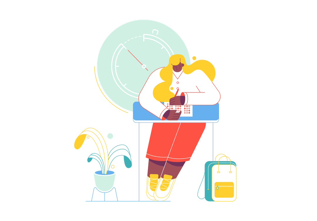 Student studying at a desk with organized materials and a clock